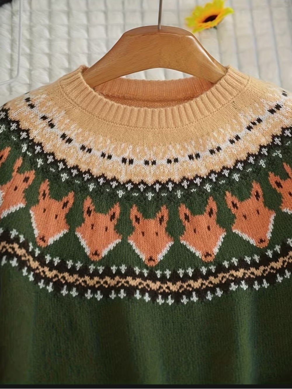Woodland Fox Fair Isle Sweater | Forest Green Cozy Knit Pullover - Picture 4 of 13
